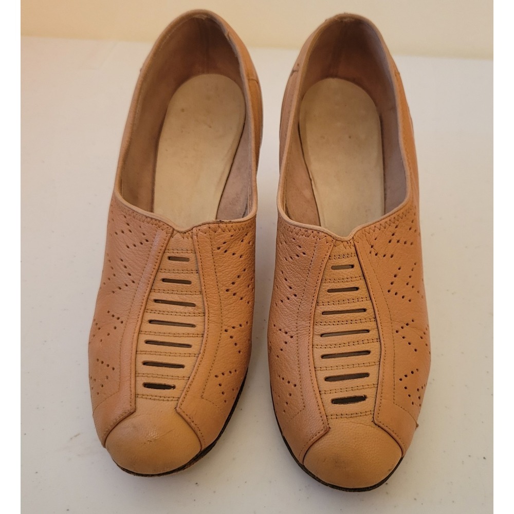 Womens Vintage Shoes Size 5.5‎ Leather Tan Brogue Heels Perforated Granny Retro